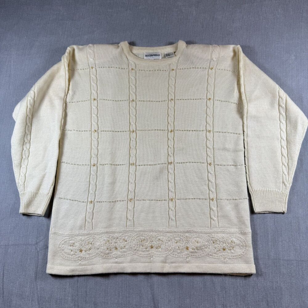 Vintage Baxter & Wells Cream Cable Knit Pearl Beaded Wool Blend Sweater XL